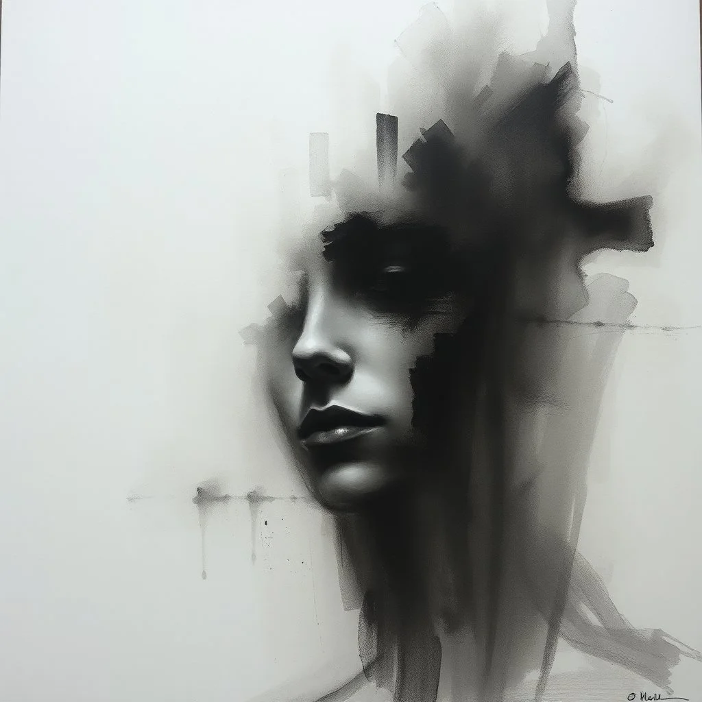 A hauntingly beautiful abstract portrait of a human face emerging from soft charcoal strokes. The figure is partially obscured with blurred, smudged textures, creating an ethereal and ghostly effect. The face conveys subtle sadness and mystery, with deep shadows and faint highlights giving it a timeless ...
