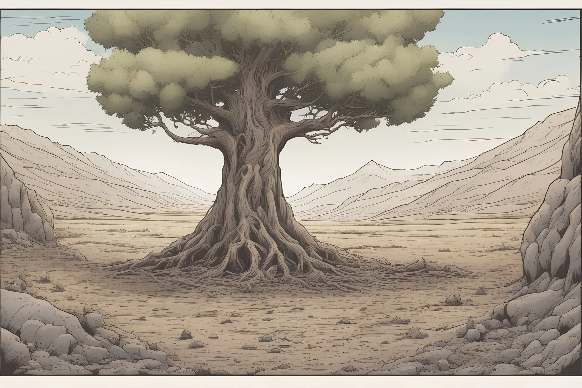 one tree in the middle of the image, bared land, post-apocalypse, front view, comic book, cartoon,,