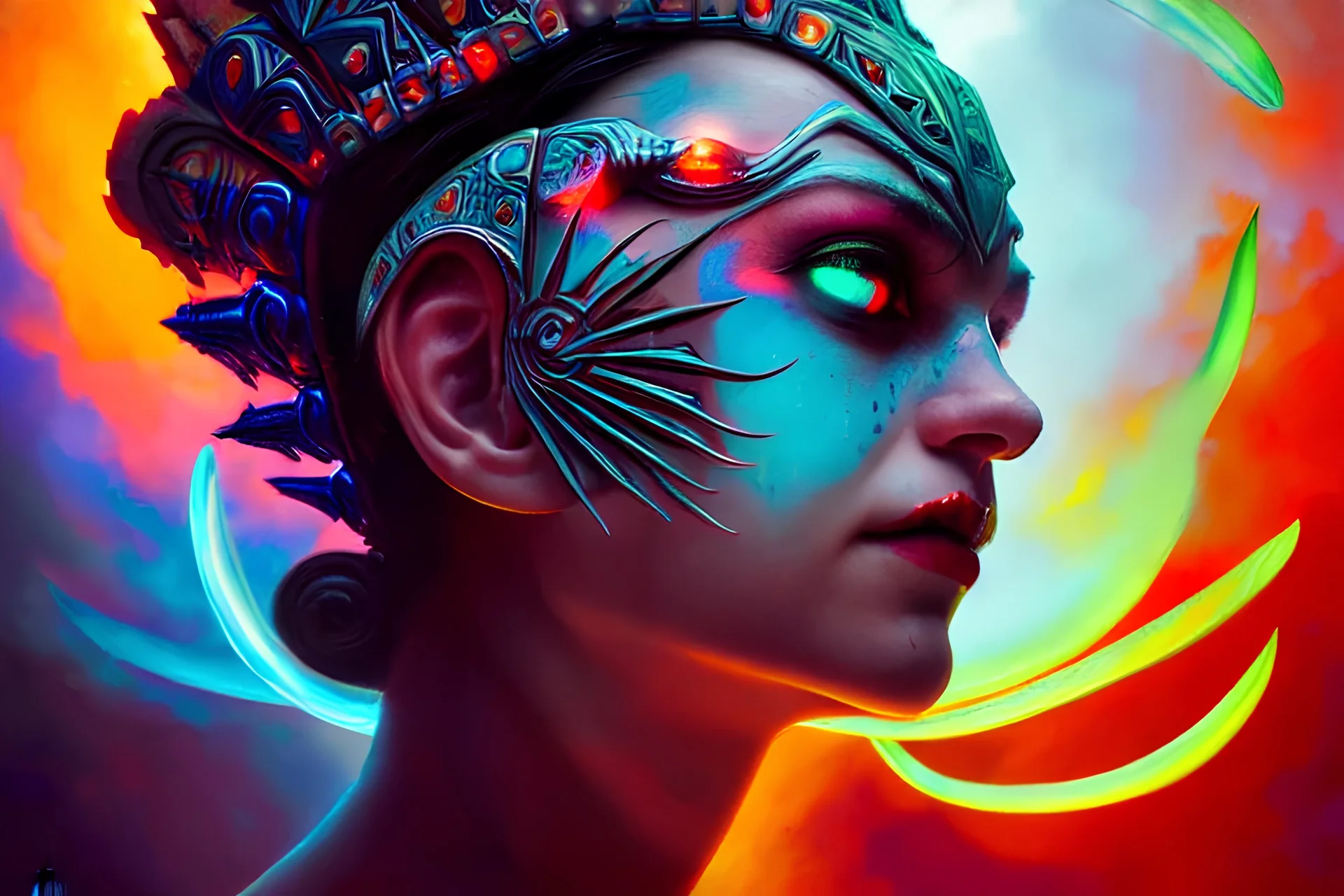 Queen of blades,aztec, Lumen Reflections, Ornament, Time-Lapse, Photojournalism, color clouds transition, Translucidluminescence, Wide Angle, rich details, ultra-HD, Ray Tracing, Heterochromia, sMartin Wittfooth