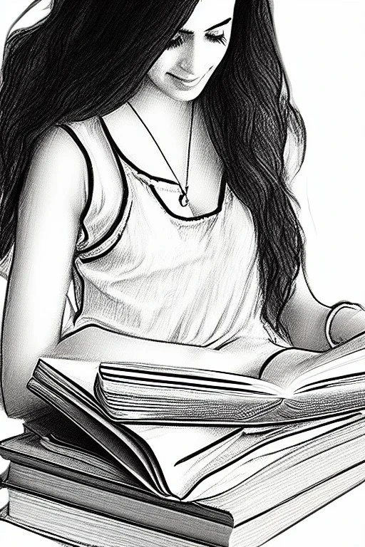 Pencil sketch of Young woman, Arab features, long wavy hair, reading a book, full body، on lined paper