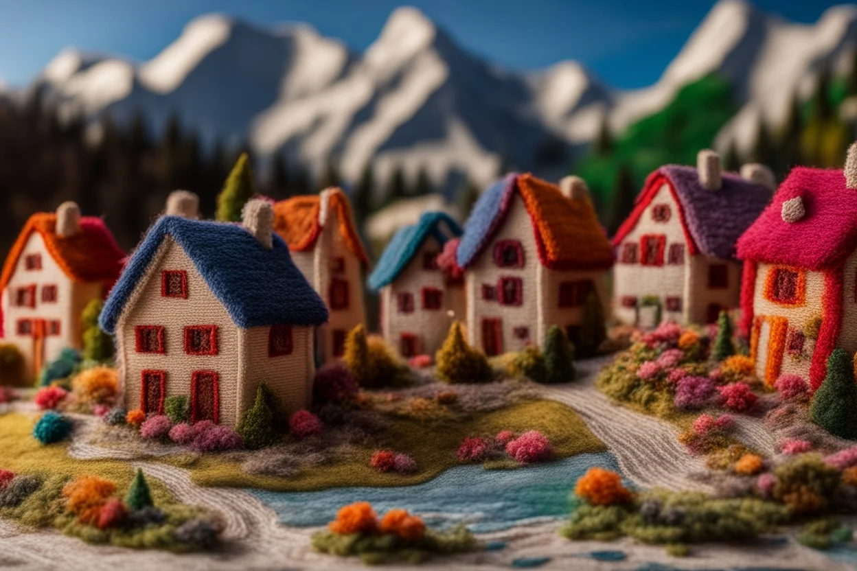 Hand sewn and embroidered extremely cute Austrian mountain village, threads, sewing needles on a table on lace blanket in a luxury bedroom, centre, bold colours elegant fantasy 8k beautiful dynamic lighting award winning imperial colors hyperrealistic ultra detailed 4K 3D high definition crisp quality colourful hdr in sunshine