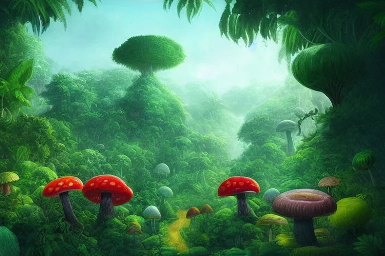 jungle on an alien planet with massive flowers, fruits and mushrooms, wideangle view, volumetric lighting, volumetric clouds, small minutiae, tiny features, particulars, precise pencil outlines, sharp lines, cinematic art by jessada sutthi