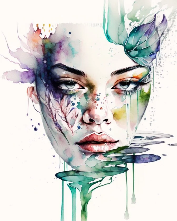 a hand-drawn watercolor painting of a woman's face with waterlily warped around the face like a snake, with a splash of mixed colors on a white background, sharp detail