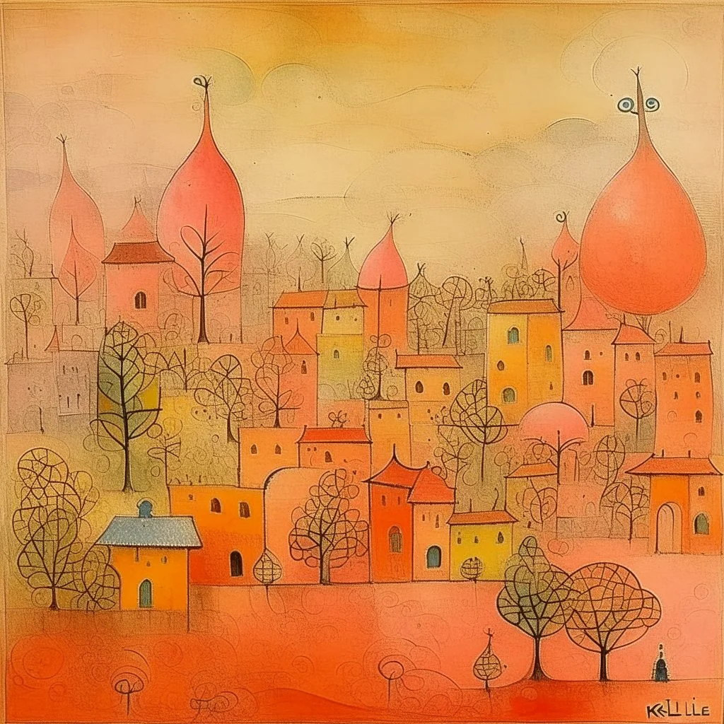 A light rosy orange colored kingdom with mushroom fairies painted by Paul Klee