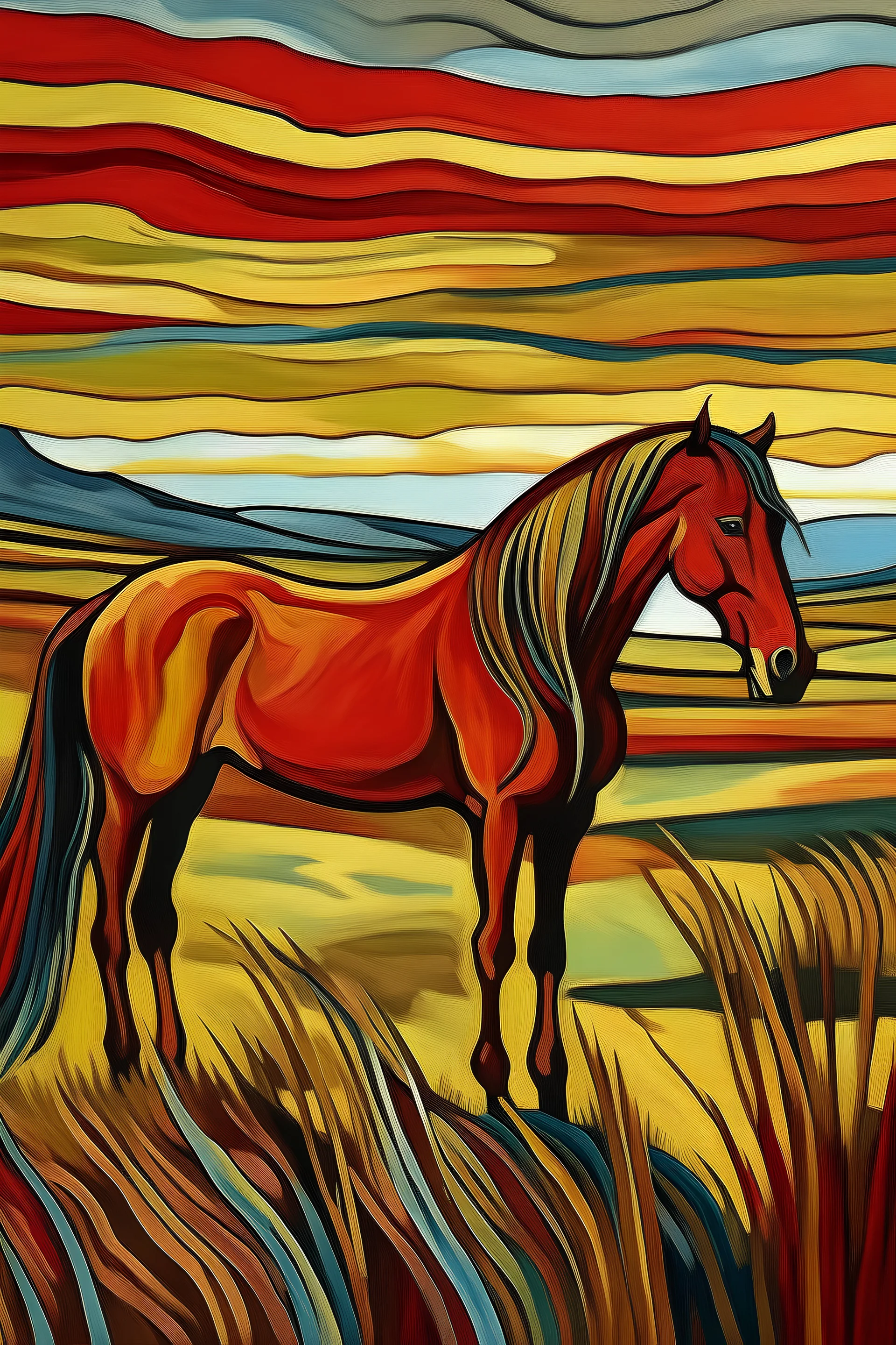 un caballo en la llanura pampeana argentina de día al estilo de edvar munch