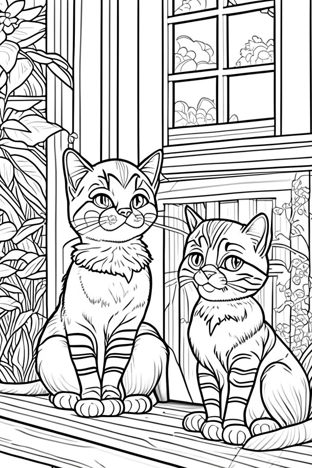 coloring page for kids, Cats on the porch, cartoon style, thick lines, low detail, no shading