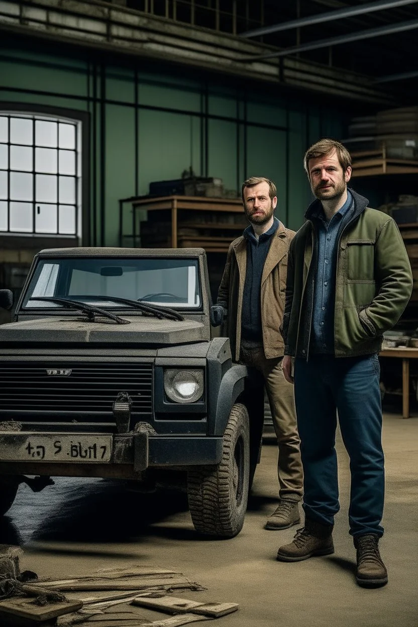 two haggard in their mid 30s looking men working in a land rover warehouse selling car parts