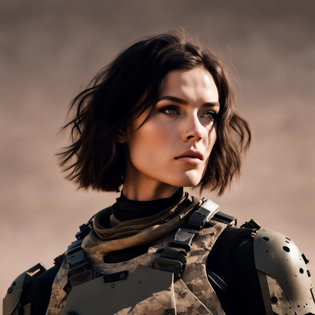 beautiful sexy caucasian female soldier, black metal body and limbs, visible cybernetic limbs, scratched sand camo, no armor, short brunette wavy bob haircut, dystopian, desert scene