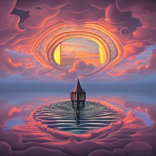 fractals in a human form, Beautiful cloudy polluted sunset skies,reflections, Jacek Yerka, soft focus