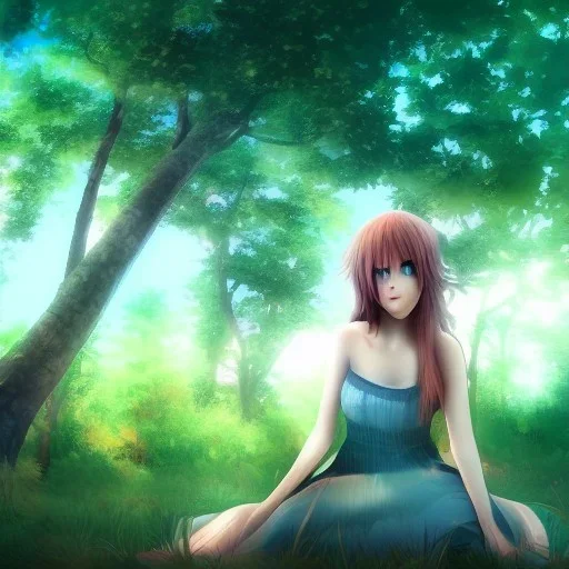 Insanely portrait of beautiful girl day, sunny, relaxing, sea, trees, real details, hyper photo realistic, anime style, realistic, glowing forest, 8k