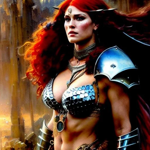portrait beautiful face Red Sonja medieval metal armor balanciaga fashion clothe painting by gaston bussiere, greg rutkowski, yoji shinkawa, yoshitaka amano, tsutomu nihei, donato giancola, tim hildebrandt, oil on canvas, cinematic composition, extreme detail