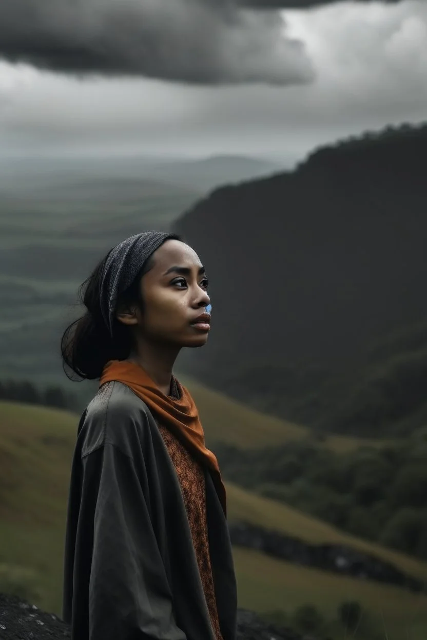 Wanita Indonesia cantik berdiri di tepi bukit saat hujan deras sendiri menatap langit