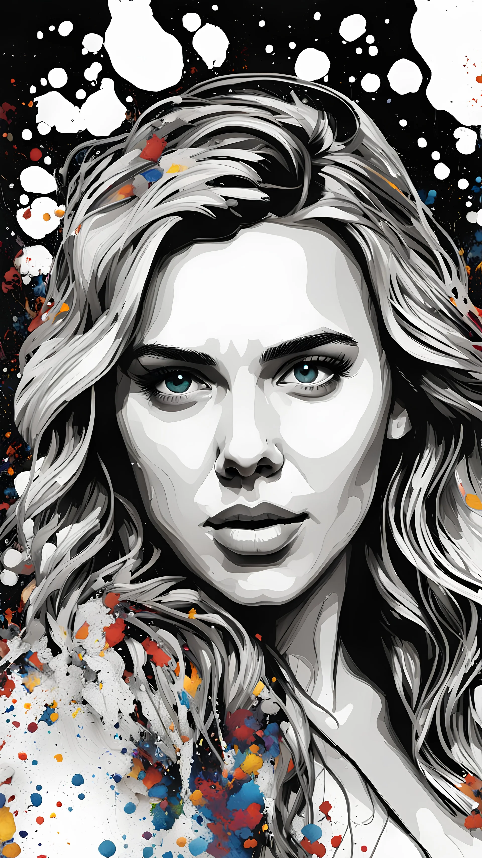 Scarlett Johansson, Line Art, Black Background, Ultra Detailed Artistic, Detailed Gorgeous Face, Natural Skin, Water Splash, Colour Splash Art, Fire and Ice, Splatter, Black Ink, Liquid Melting, Dreamy, Glowing, Glamour, Glimmer, Shadows, Oil On Canvas, Brush Strokes, Smooth, Ultra High Definition, 8k, Unreal Engine 5, Ultra Sharp Focus, Intricate Artwork Masterpiece, Ominous, Golden Ratio, Highly Detailed, photo, poster, fashion, illustration