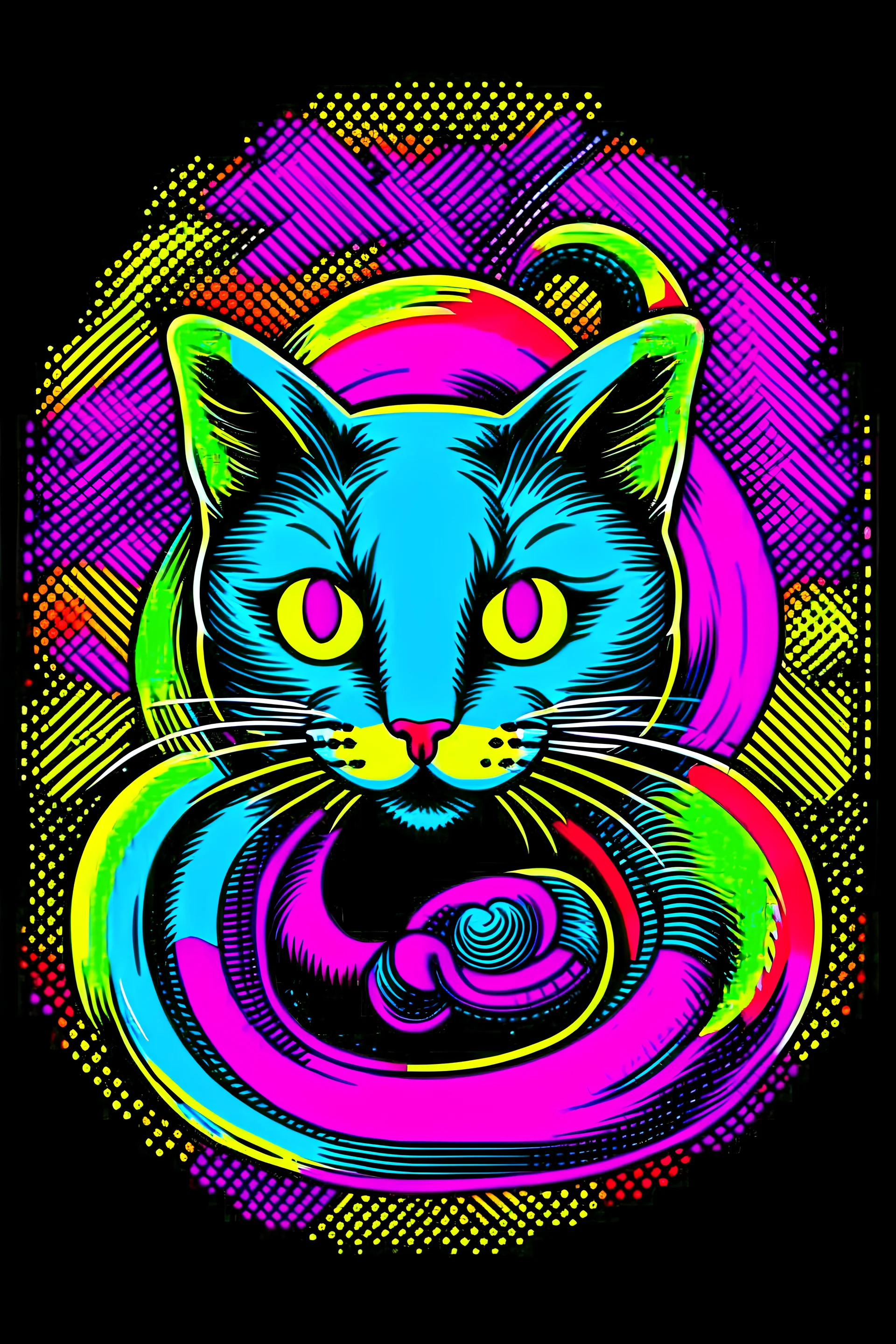 /imagine prompt: snake or cat::2 Pop art, retro vector art, semiotics, vibrant colors, magical realism, synthwave:: t-shirt vector, center composition graphic design, plain background::2 mockup::-2 --upbeta --ar 1:1