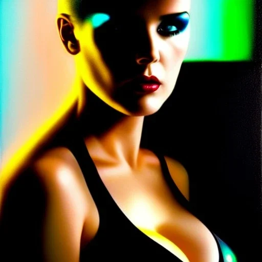 portrait oil on canvas, beautiful punk busty female Cyborg, looking to viewer, sad green eyes, post-apocalyptic in a cyberpunk city,minimal skintight suit, blade runner, comic book cover, mystical colors, neon, insanely detailed,realistic,intrincate detail, 16k resolution, masterpiece, Adam hughes