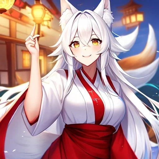 Clear focus, 8k, beautiful lighting, vibrant colors, fox girl, white hair, long hair, golden eyes, miko, tail, smile,