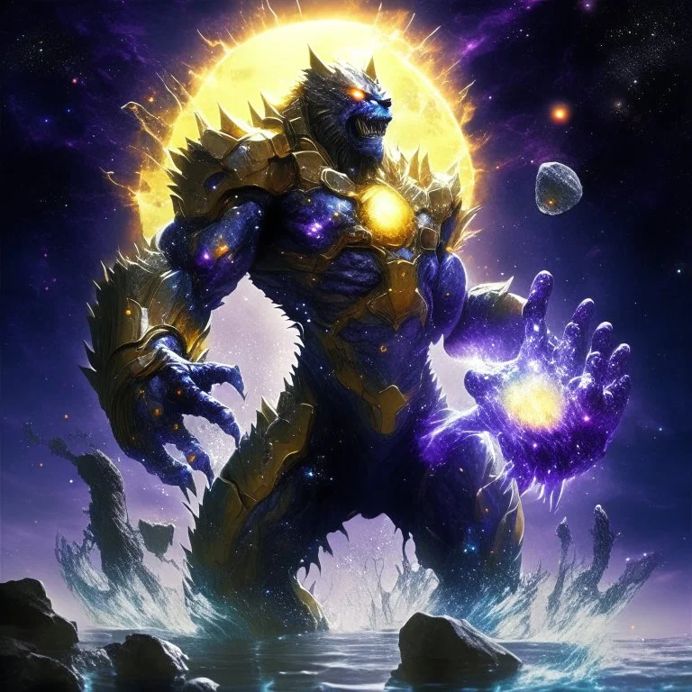 A terrifying creature combining water and sun with the powers of a werewolf and Dracula A battle suit made of galaxies and stars with a glove that has seven endless stones with thanos Infinity Gauntlet