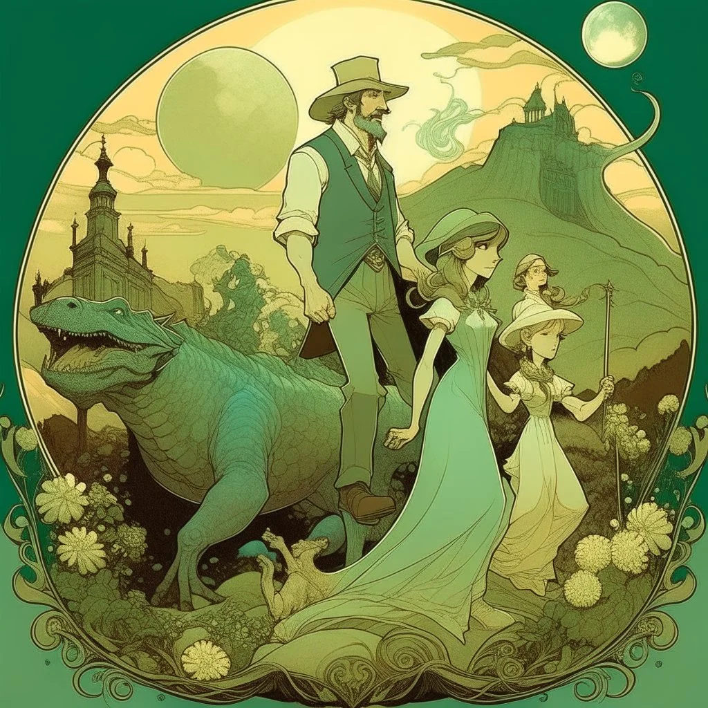 civilizations surrounding on the teeth of a gigantic lizard, laborious farmers and family workers walking on the tongue, moon light, mystical vibes, alphonse mucha style