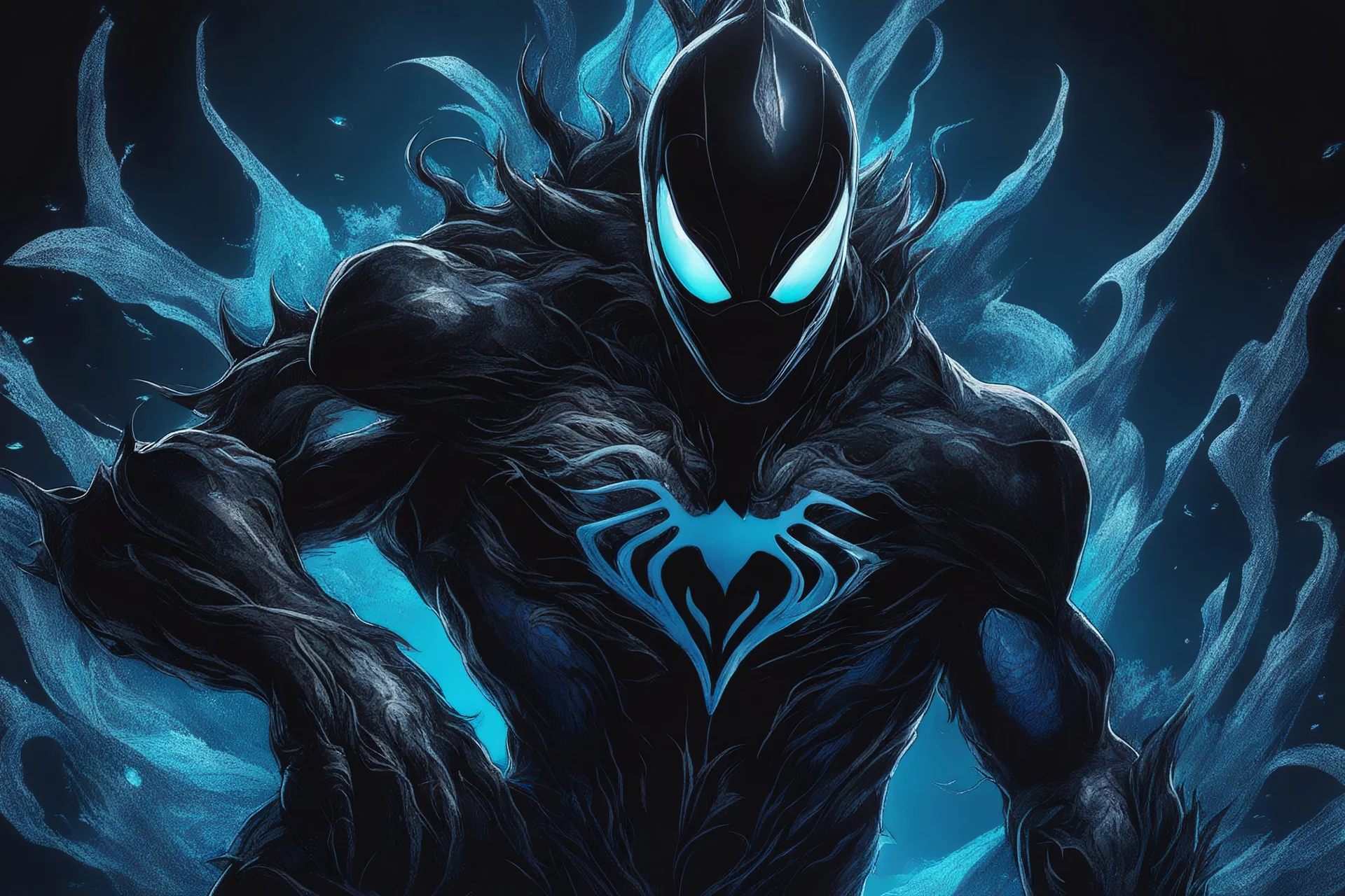 Huge symbiote in 8k solo leveling shadow drawing, shark effects, neon blue lights, sea, intricate details, highly detailed, high details, detailed portrait, masterpiece,ultra detailed, ultra quality