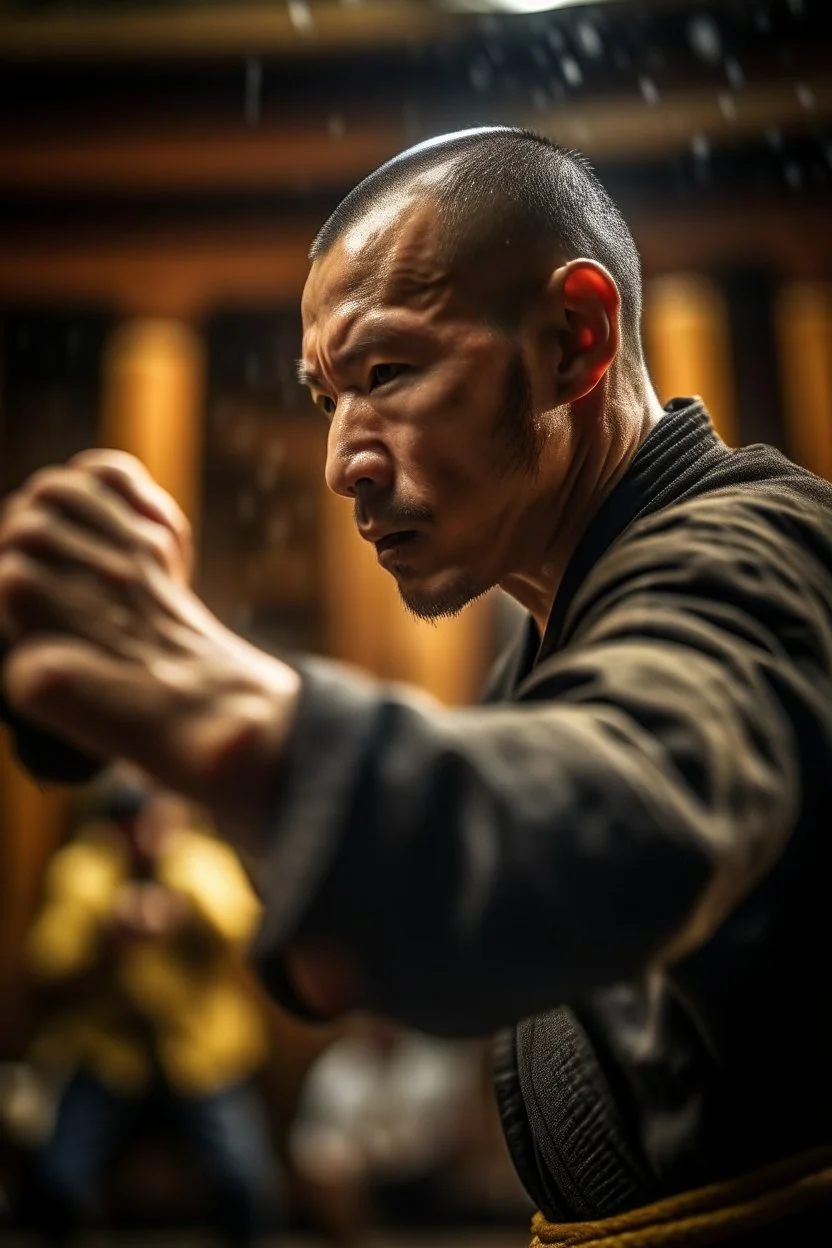 student hitting kung fu master in the jaw so sweat splashes the temple,shot on Hasselblad h6d-400c, zeiss prime lens, bokeh like f/0.8, tilt-shift lens 8k, high detail, smooth render, down-light, unreal engine, prize winning