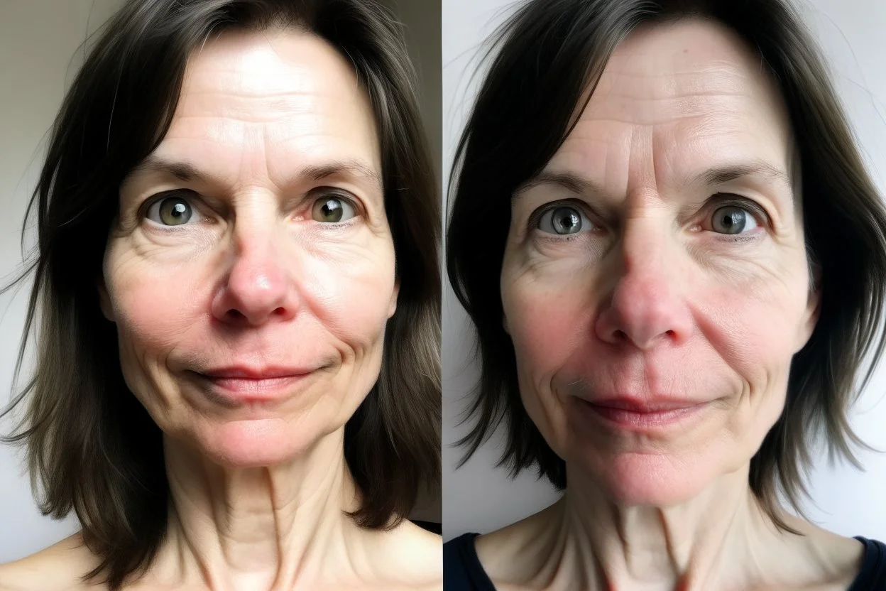 A selfie of a brunette woman, middle short hair, showing a 44-year-old European woman. She has white skin, tousled brown hair, face without makeup, big round dark brown eyes, cute nose, detailed full lips, skin texture. Split screen and show the same face but 15 years older