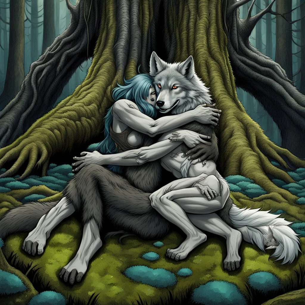 an anthropomorphic wolf-man hybrid in dark gray body hair and anthropomorphic wolf-female hybrid with pale gray body hair lie down hugging each other with paws on their backs on blue-green moss around brown huge trunks trees, raini day, high contrast, high detalied, high realistic, around in background giant tall alien trees, atmospheric, dark fantasy, sci-fi mood