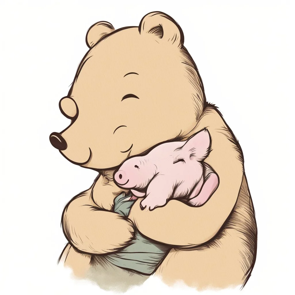 simple illustration of Winnie the pooh cuddling piglet. White background.