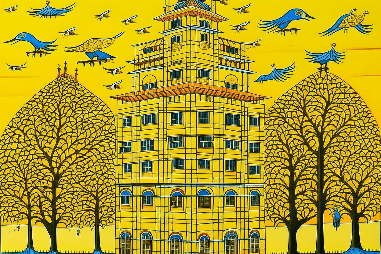 A golden yellow atomic prison designed in Indian Gond art painted by Katsushika Hokusai