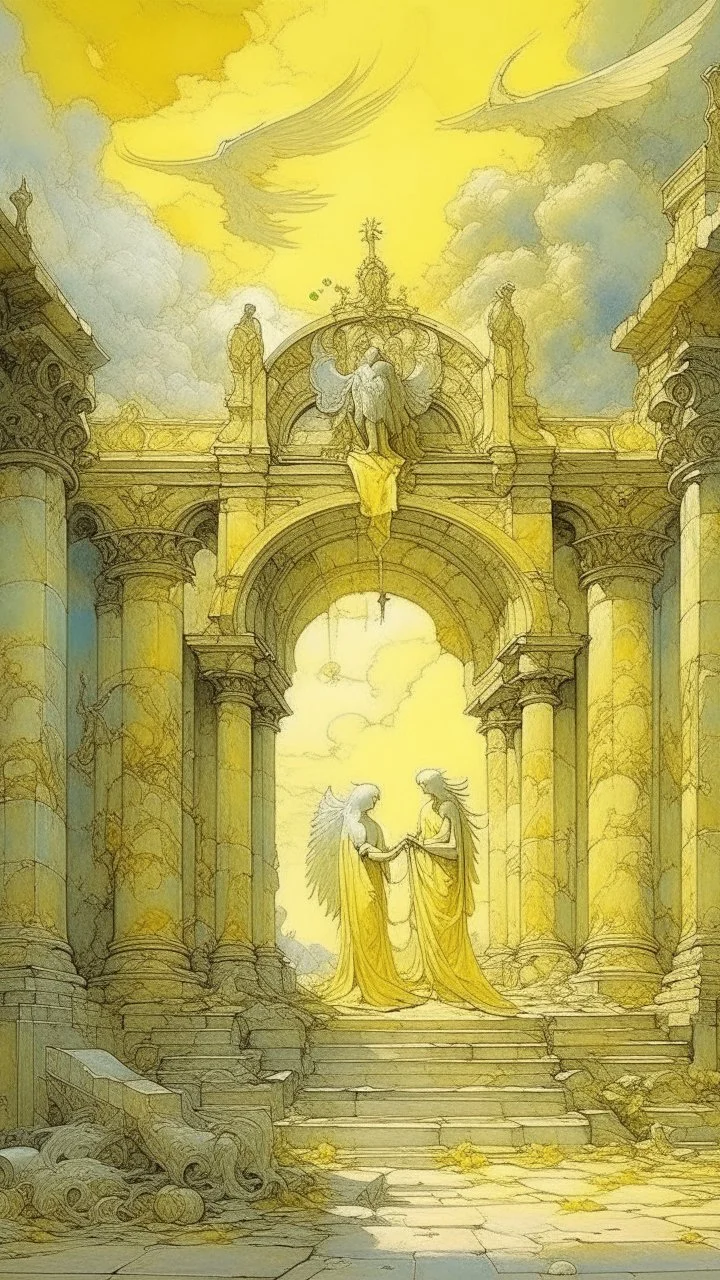 A light yellow heavenly ruins with angels painted by Zosan