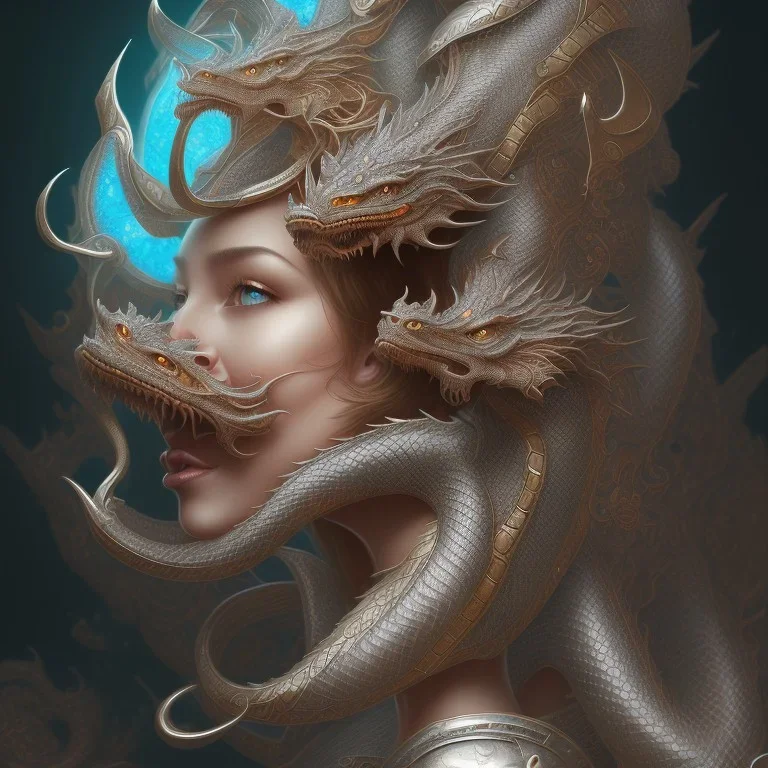 sango fantasy, fantasy magic, intricate, sharp focus, illustration, highly detailed, digital painting, concept art, matte, artgerm and paul lewin and kehinde wiley, masterpiece silver dragon head copper African nice breast Afo woman turquoise waves