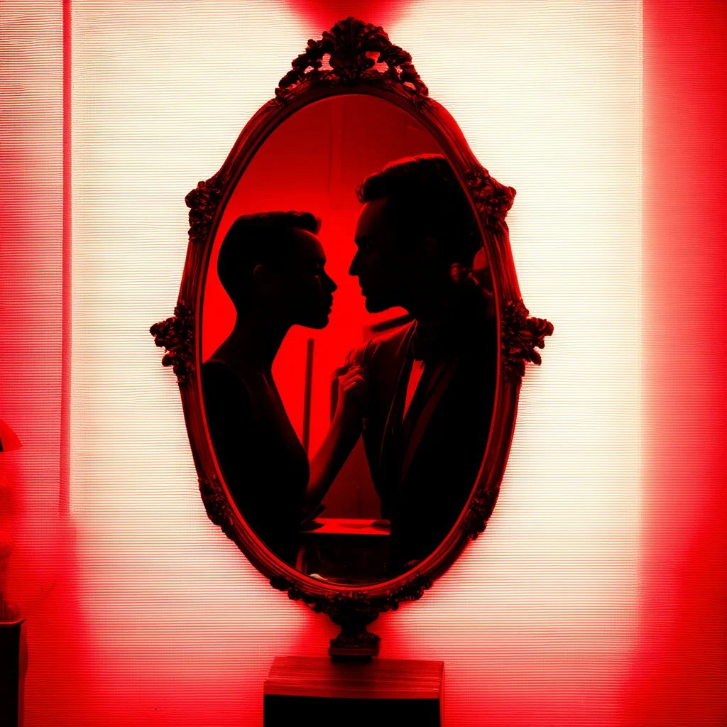 A dark silhouette encounters its reflection in the mirror, amidst an ambiance of red hues and romantic undertones.