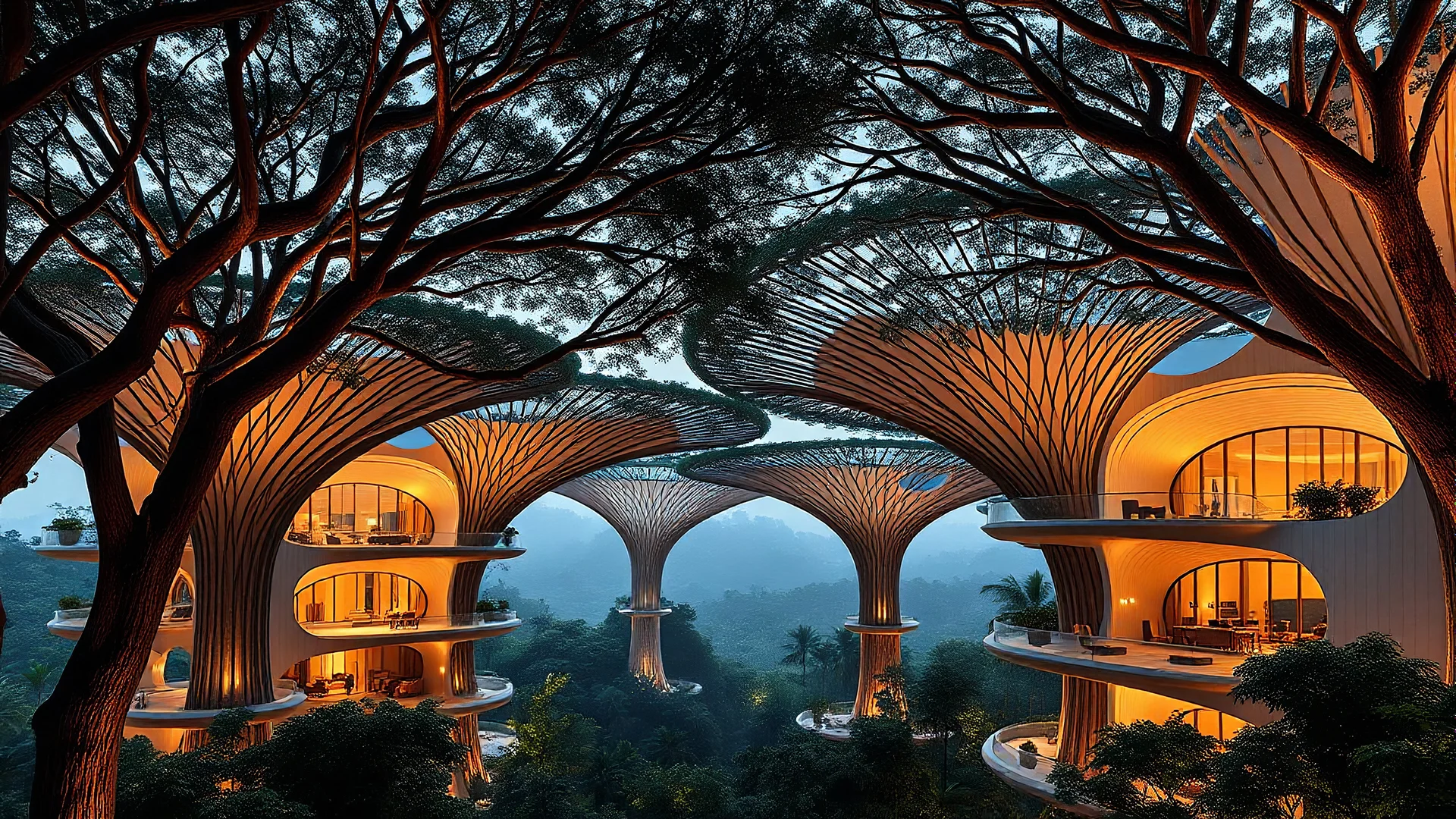 A series of interconnected, curved buildings resembling the canopies of giant trees. Each building is made of advanced, sustainable materials and features panoramic windows that blend seamlessly with the natural surroundings. Award-winning photograph, beautiful composition, exquisite detail and illumination