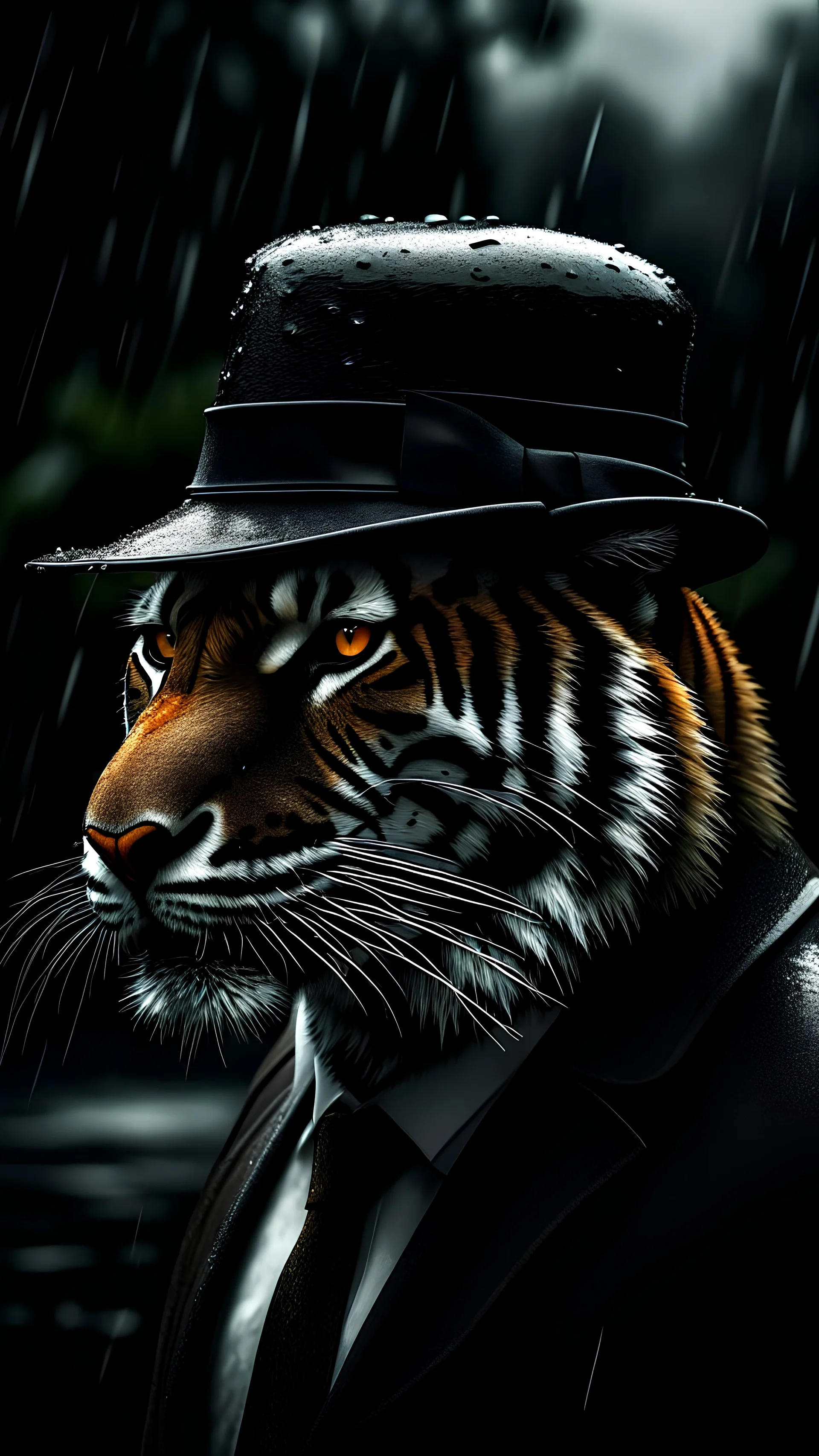 primer plano de un tigre con gorro, traje y sobre todo negro, en un día lluvioso, melancólico, en ambiente misterioso de 1800