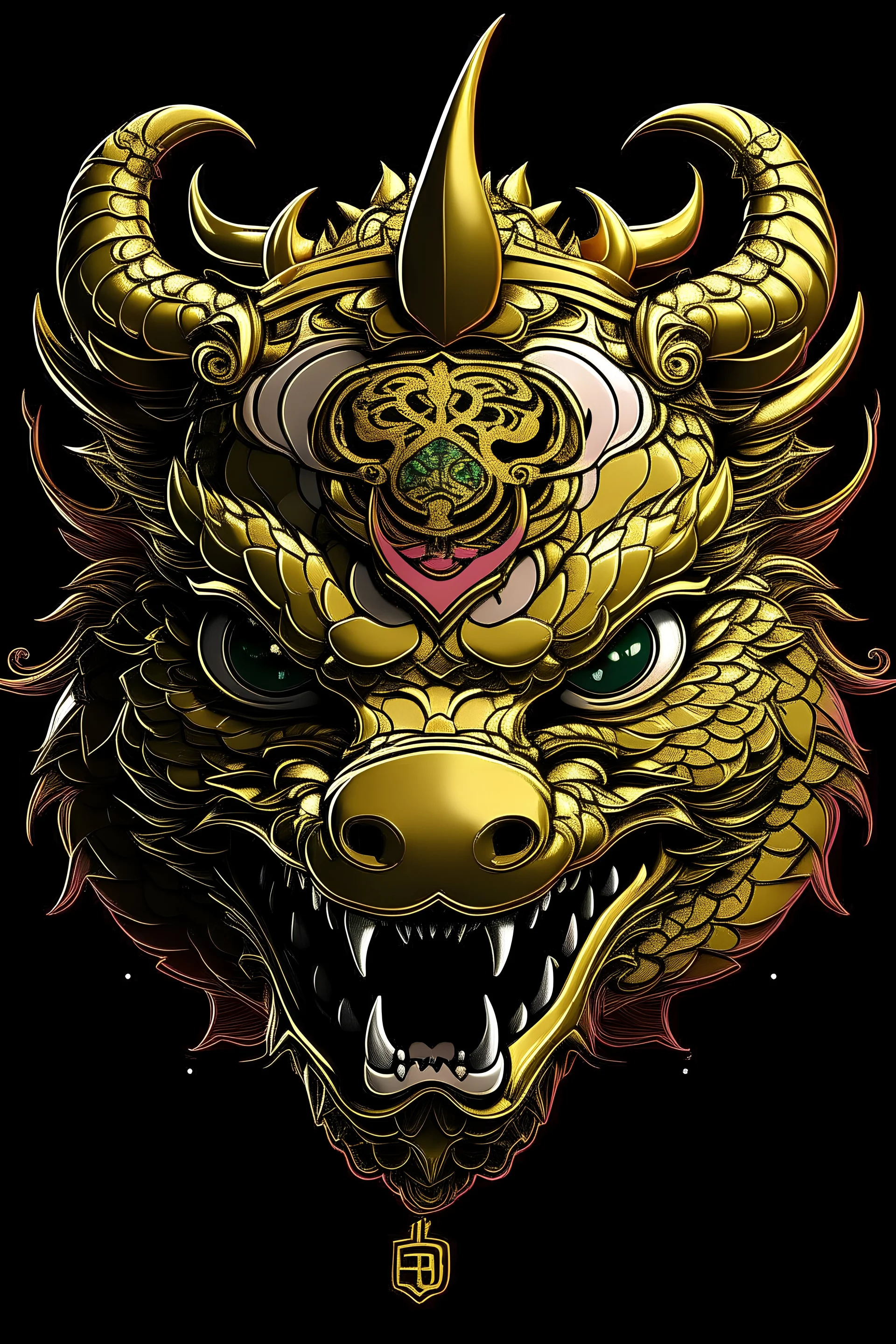 Real dragon face design with gold details