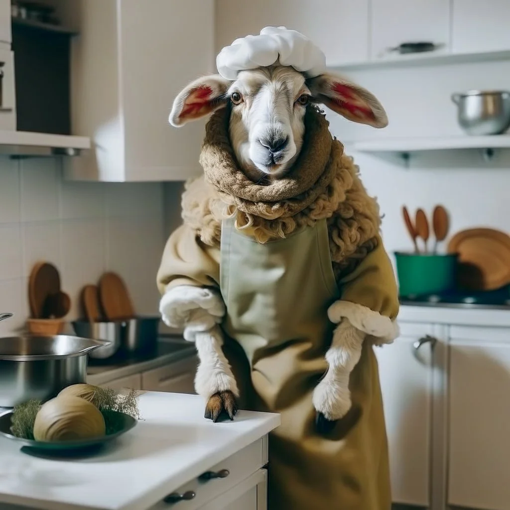 A sheep in the shape of a sheep, wearing a cooking outfit that looks the same color as its skin, in the kitchen, cooking