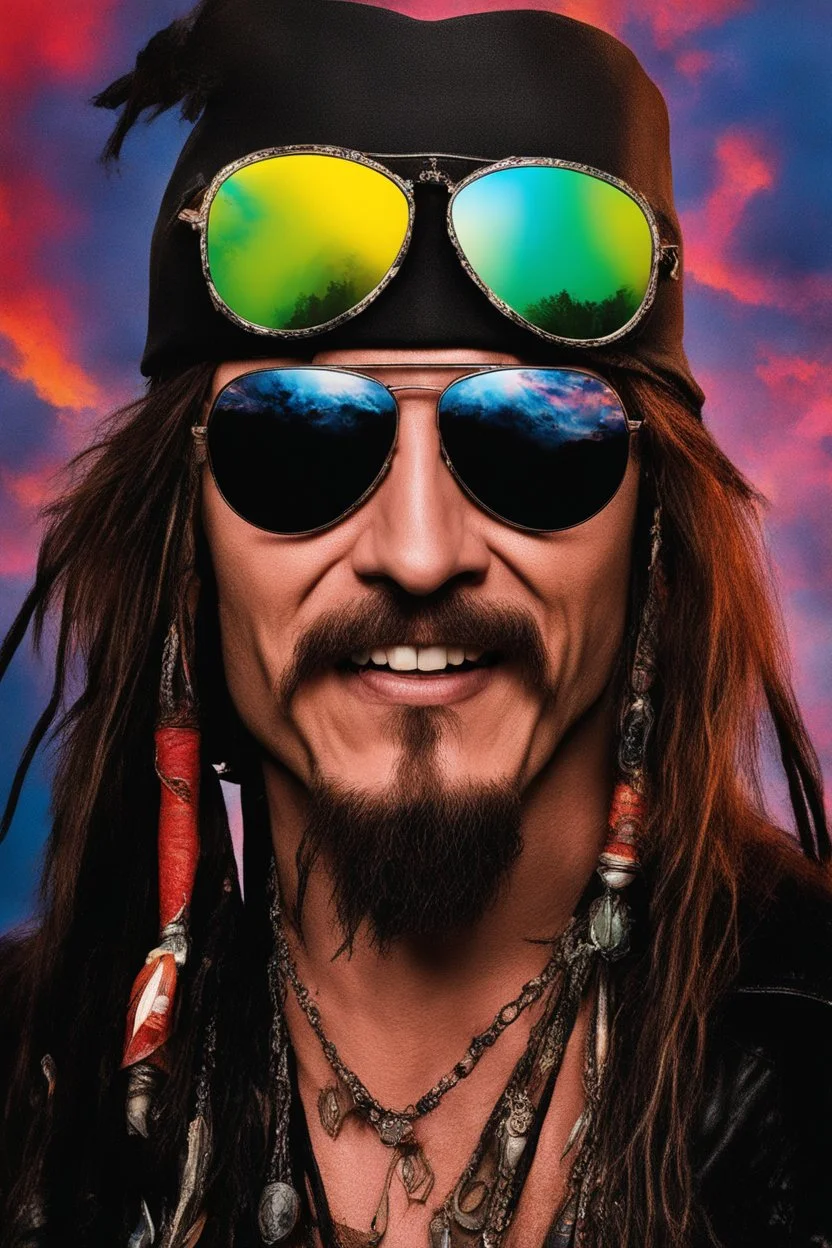 head and shoulders image, Captain Jack Sparrow - Kiss Me Deadly - Reptilian-skinned - Ray-Ban sunglasses - Motley Crue - gothic pale-skinned vampire, fire and multicolored electrified cosmic clouds, Professional quality Photograph by Hoy Tung lu- Multicolored lightning -a smiling, long, blonde hair, blue eyes, goth makeup, black leather biker's jacket, black leather pants, combat boots, black fingerless gloves, sitting on in the forest next to a fire,