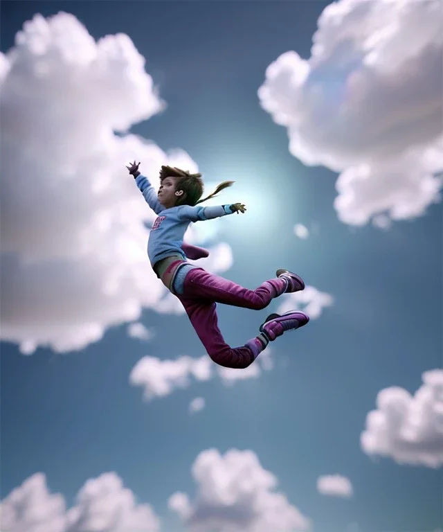 Ultra realistic clouds sky scene, wide angle, medium shot view, portrait, sweet Child, free jumping flying, trinkets, monster hair, jelly beans, balls, smile, happy, Peter Pan style, inflatable color clothing, extreme, wind, clouds sea, 20,000 feet altitude, stratosphere, soft color, highly detailed, unreal engine 5, ray tracing, RTX, lumen lighting, ultra detail, volumetric lighting, 3d, finely drawn, high definition, high resolution.