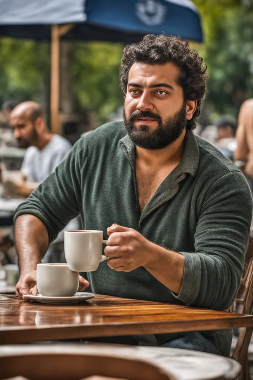 half figure photography of an ugly turkish barman servicing one coffee at the table, big chubby shirtless short beard short hair, mainly chest very hairy 25 years old man, in a public park of Istambul , sunny day, sweat, wet, big shoulders, angry eyes, photorealistic