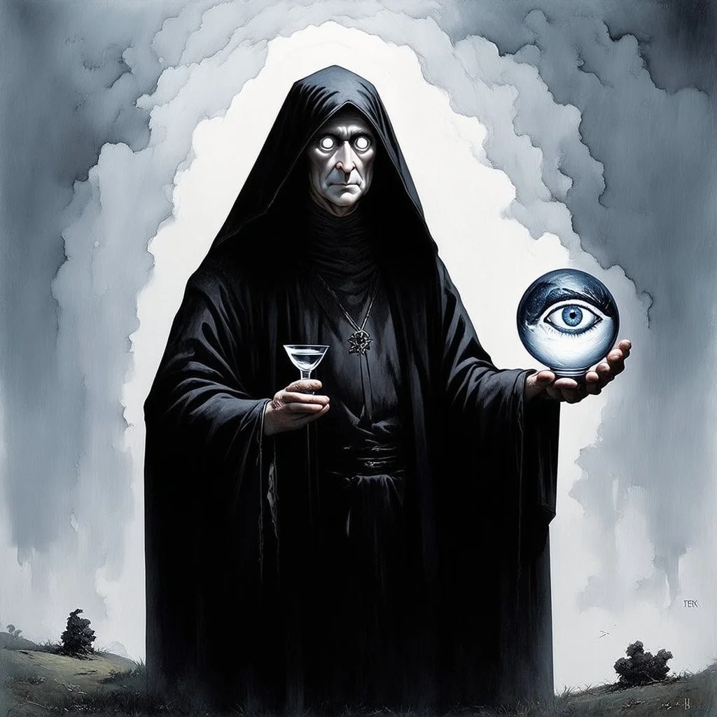 Blind gnostic seer with milky white blank eyes, holding a glass globe with an eye in it, stylish oil painting, Ted McKeever style, by Zdzislaw Beksinski, ink wash oil painting that appears ancient, dark shine, by Victor pasmore