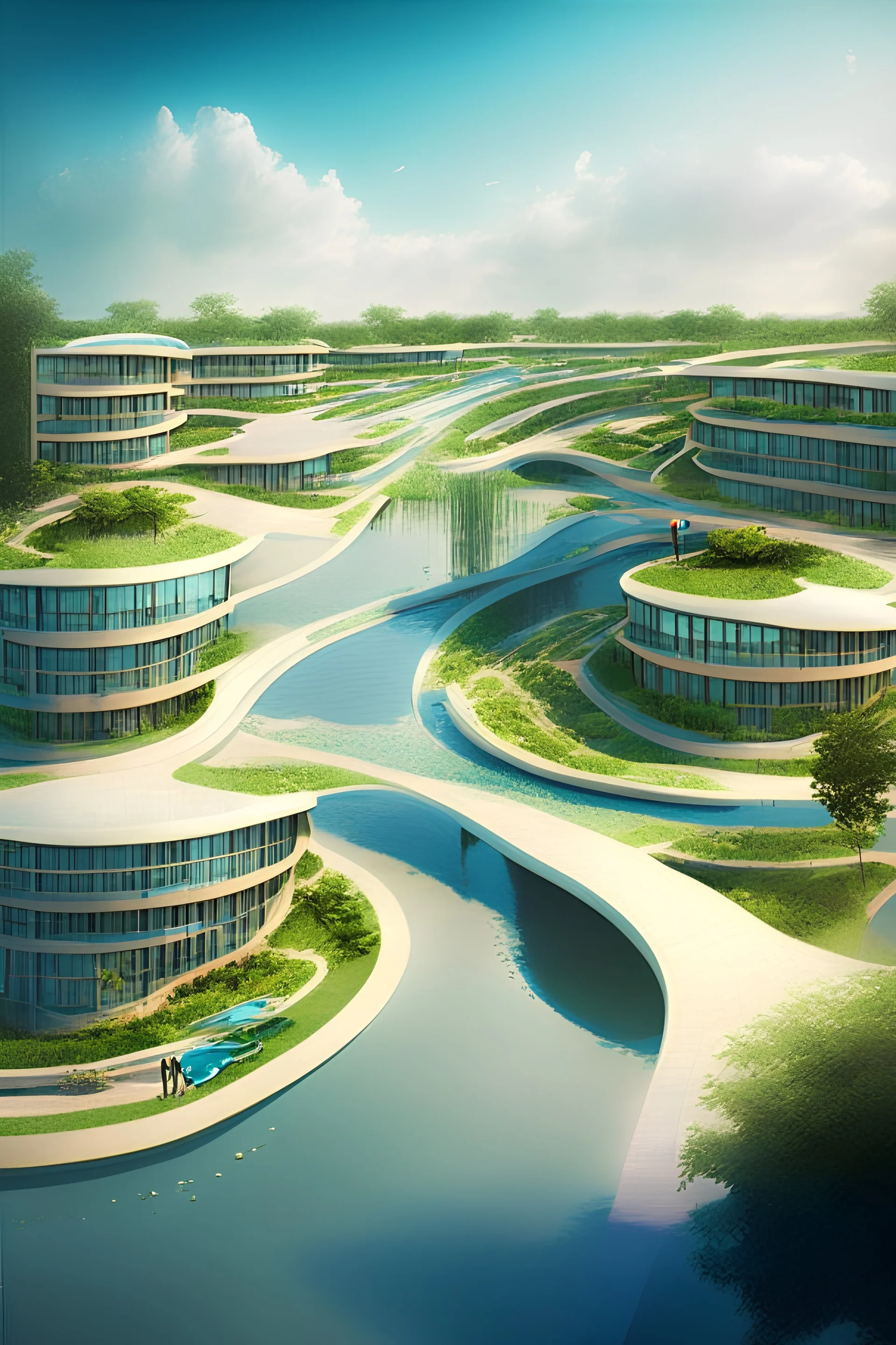 water village main entrance, car parking , commercial building , resedantial buildings , office building , sequares , circules , curves , central water feature , overlooking a lake , pedestrian road and bike road , sport center , terraces , water village with earthy colors , tensile structure