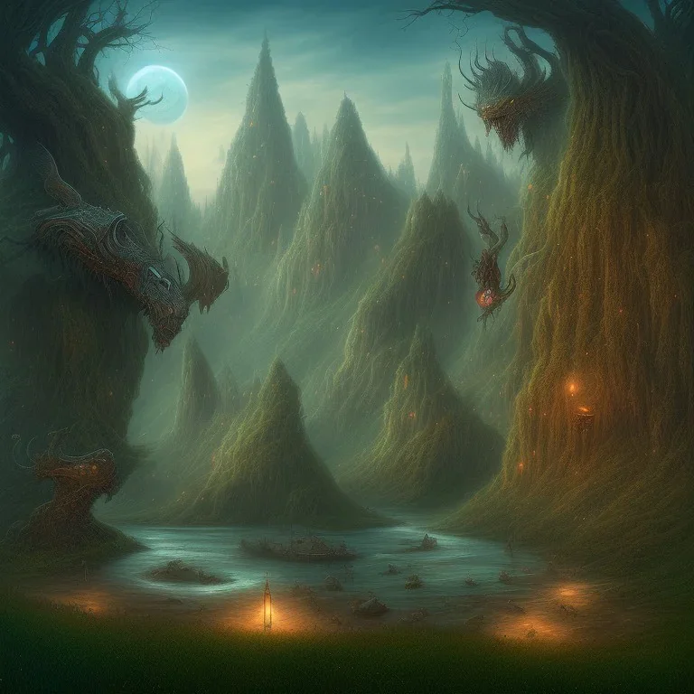 A depiction of a mythical or fantasy world, complete with fantastical creatures and landscapes