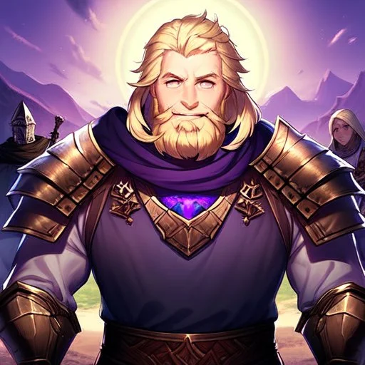 A nord male battlemage from Skyrim, full plate nordic armor, blond hair of medium length, hearty, smiling, thick short beard, purple shock spell in right arm, correct proportions