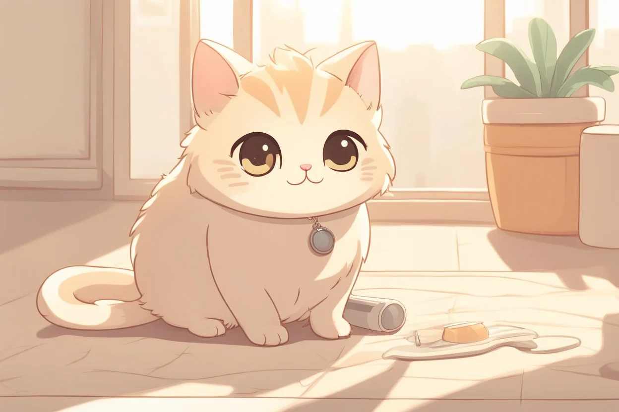 cute fluffy chibi beige cat measuring fever in a modern room in sunshine