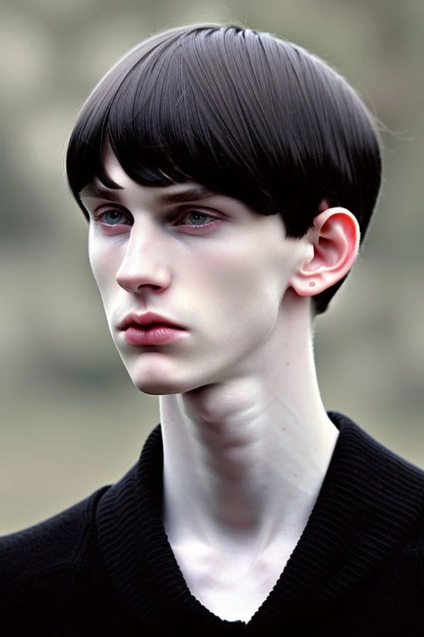 pale skin tone, black hair in a longish bowl cut with whisps in front of his ears, face is thin with high cheekbones and deep blue eyes that are often full of emotion and full lips. lean build that suggests he doesn't engage in a lot of physical activity. He is of average attractiveness with a boyish face.