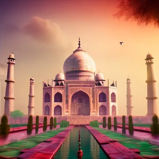 The Taj Mahal, Hindistan, sunset, fantasy art, flying birds, springs, waterfall