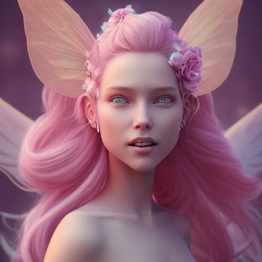 a pink castle, a cheerful fairy in front, big smile, pink, blonde hair, beautiful, whole face, whole top hair head, wide open blue eyes, transparent wings onn the back, hyperrealism, masterpiece, expert, cinematic lighting, sharp focus, 8K, pastel, macro lens, woman, detailed, flower