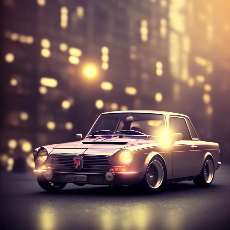 fiat 125p, city. high speed. bokeh. lens flare. warm lights. high detailed