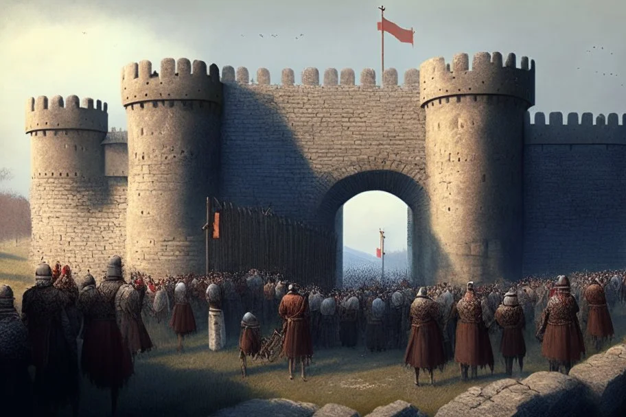 Germanic fortress from the 1500s with people at the gates