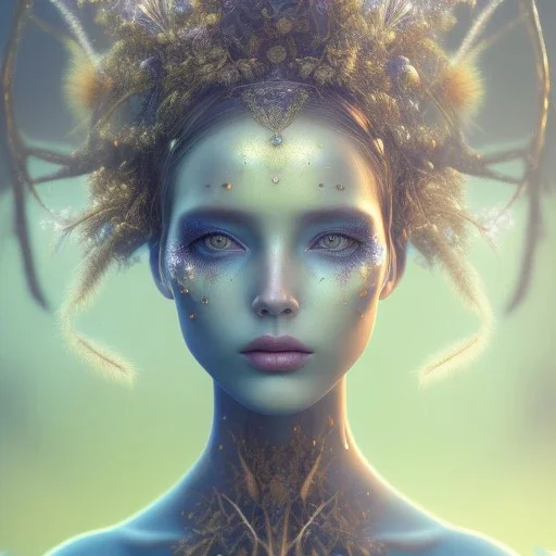 Portrait of beautiful girl, face dept of field,face shining, plant, metal, feathers,central weight average, CWA Dryad,Median filter fae, sidhe, ominous, nature, plants, wildflower sparkle,wildflower 3d view, facepaint, dnd character portrait, intricate, oil on canvas, masterpiece, expert, insanely detailed, 4k resolution, retroanime style, cute big circular reflective eyes, cinematic smooth, intricate detail , soft smooth lighting, soft pastel colors, painted Renaissance style,sharp focus