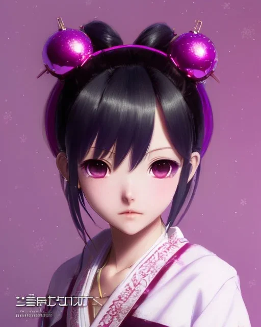 Detailed cute anime Kunoichi Christmas girl, purple hair buns, purple bangs, Christmas style colours, intricate details, full body portrait, keep head in frame, slight smile, black Japanese motif, concept art, highly detailed, digital painting, concept art, sharp focus, illustration, art by Yoji Shinkawa, WLOP and greg rutkowski and alphonse mucha and artgerm and yanjun Chen and Junji ito and Makoto Shinkai, HDR, octane render